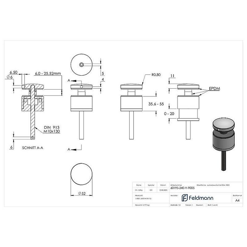 Glass point holder 52mm, flat, adjustable, AISI304, powder coated in RAL 9005 black matt