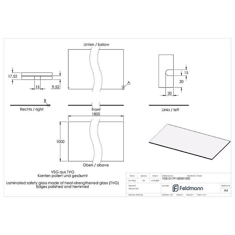 Eleganza canopy Glas: 1800x1000mm VSG aus 2x8mm TVG mit 1,52mm PVB