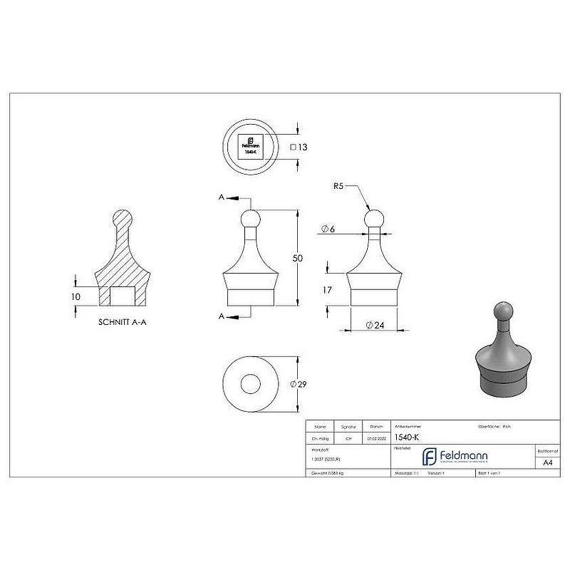 Cap for square bar 12x12mm, H: 50mm