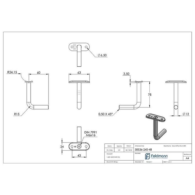 Bracket Ø 12mm with handrail connection plate 48.3mm, AISI304