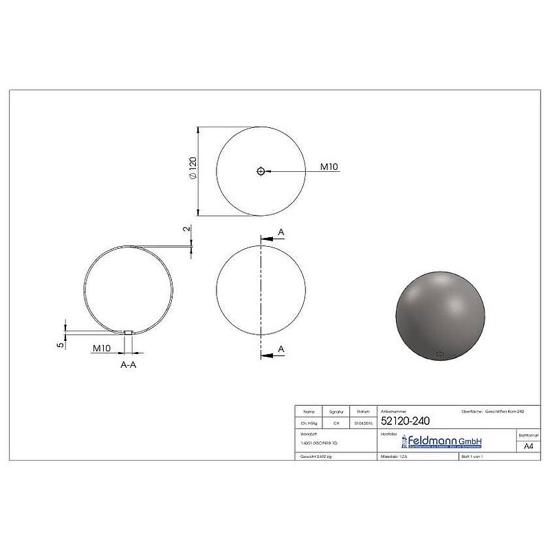Hollow ball Ø 120mm with M10 thread, AISI304