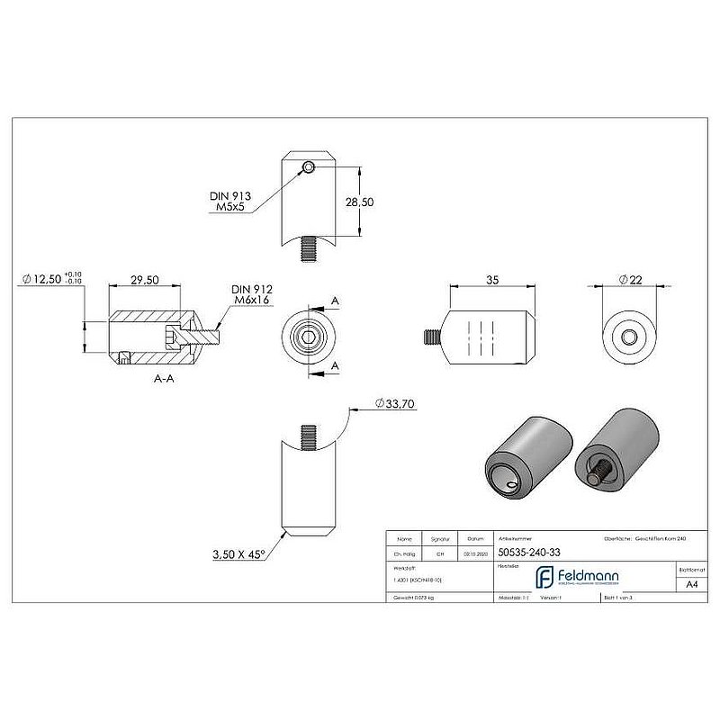 Cross bar holder for butt joint, bore Ø 12.5mm, connection 33.7mm, AISI304