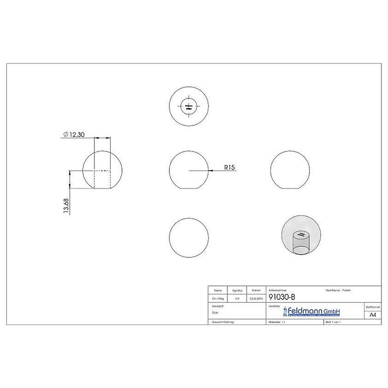 Glass ball blue Ø 30mm with blind hole 12.3mm