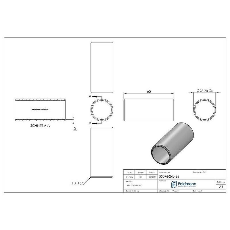 Verbindungsstück für Rohr 33,7x2,5mm, V2A