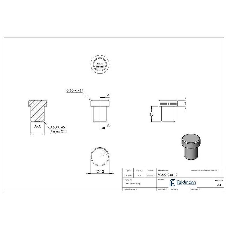 Rohrabschlussstopfen, für Rohr 12,0x1,5mm, V2A