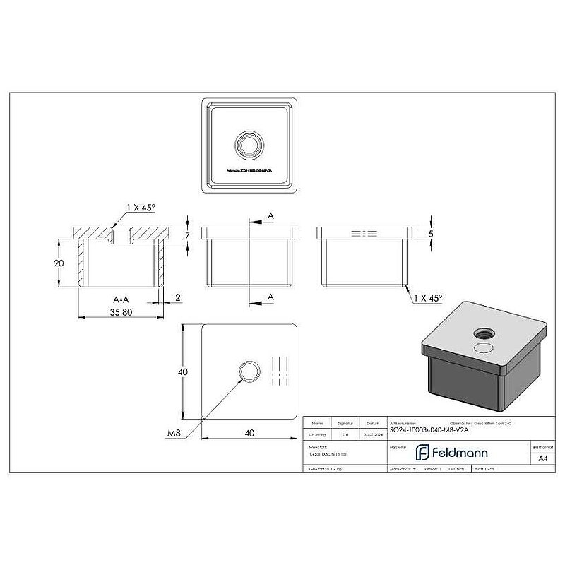 Einsteckkappe mit M8 Gewinde, für Rohr 40x40x2,0mm, V2A
