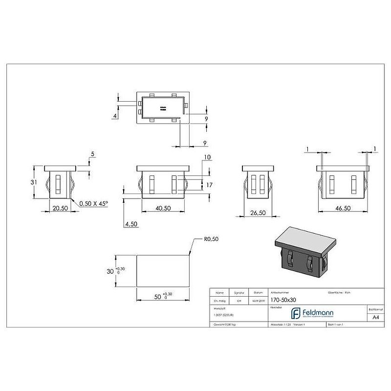 Steel end cap, for, rectangular tube 50x30mm