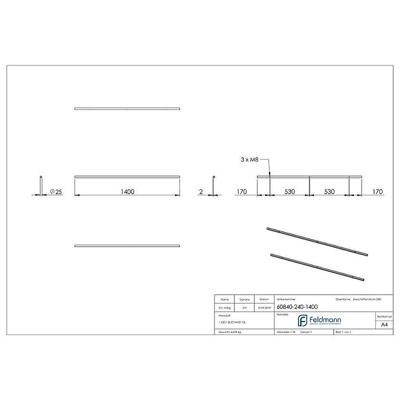 Laufschiene für Glasschiebetüren, L: 1400mm, V2A