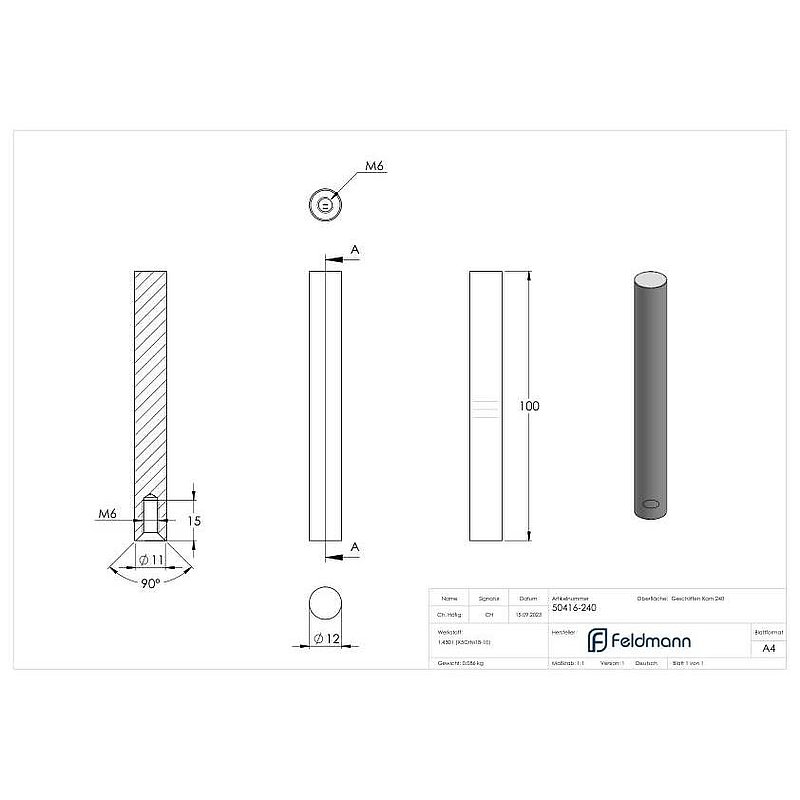 Pin Ø 12mm, L: 100mm, AISI304