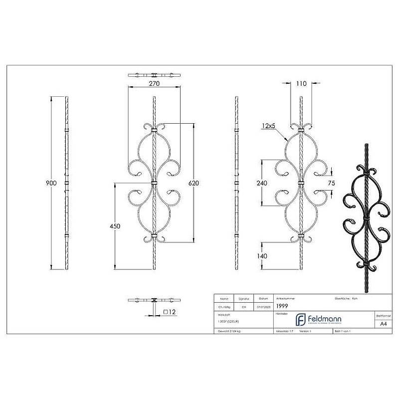 Barre d'ornement 12x12mm, martelée, style baroque, H : 900mm