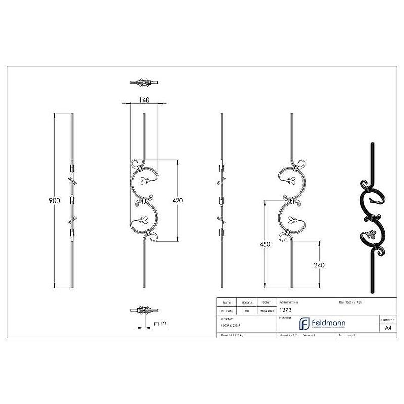 Barre d'ornement 12x12mm, rainurée, style baroque, H : 900mm