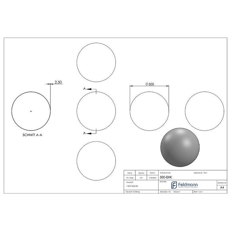Eisenhohlkugel Ø 500x2,0 - 2,5mm