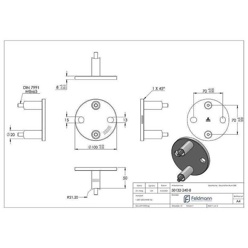 Wandbefestigung für Geländerpfosten 42,4mm, V2A