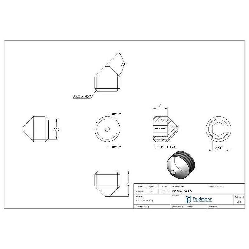 Gewindestift M5x5, V2A, DIN 914 / ISO 4027