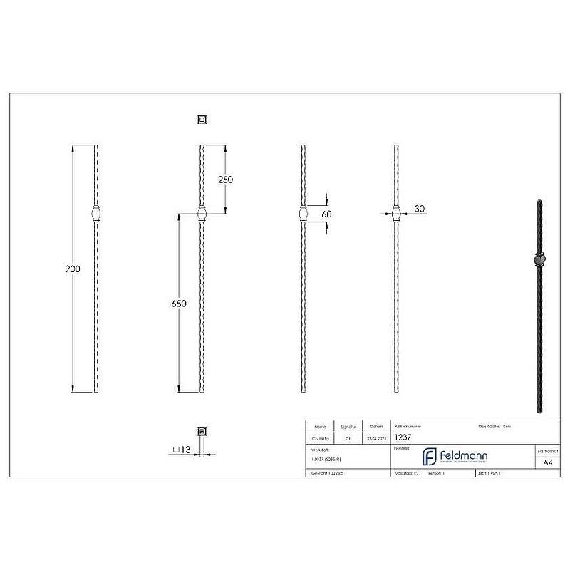 Knubbelstab 13x13mm, gehämmert, H: 1000mm