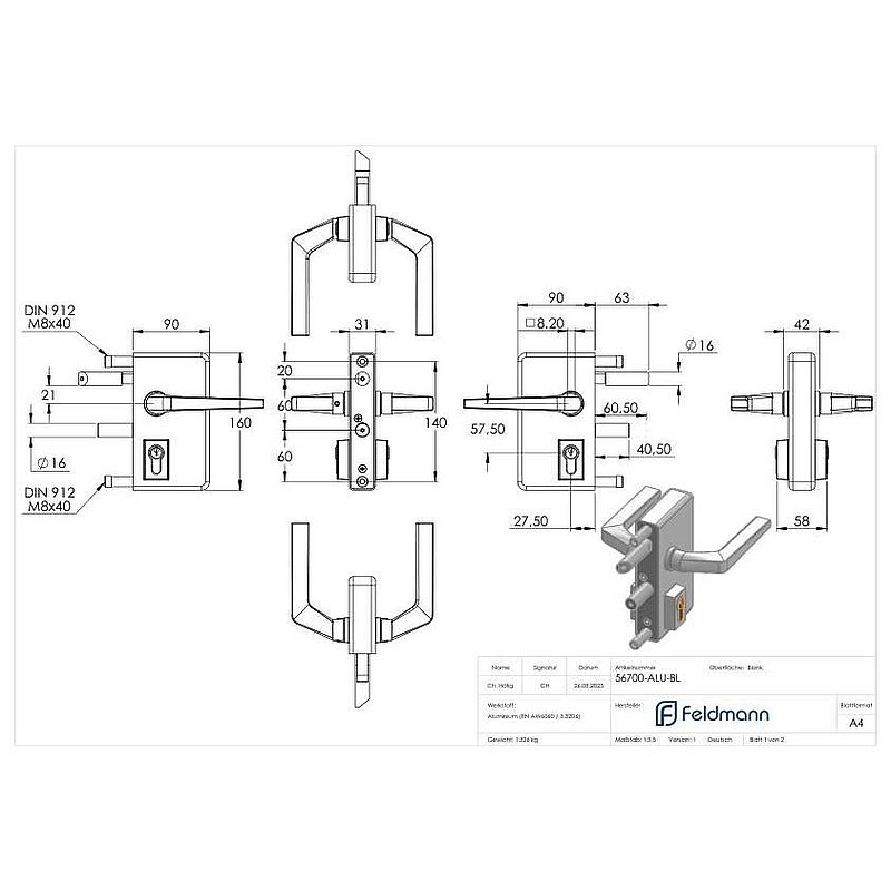 Gittertorschloss GTS 2 für Rohrstärke 40-60mm, Gehäuse blank