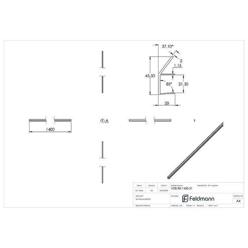 Rain gutter for canopies, glass 21,52mm, l=1400mm
