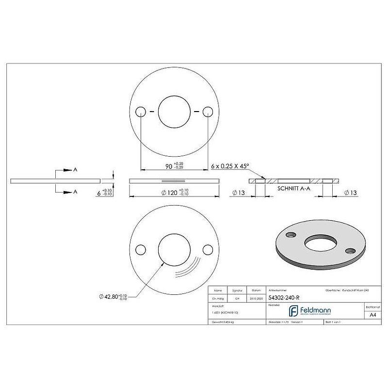 Ankerplatte Ø 120x6mm, mit Rundschliff, V2A
