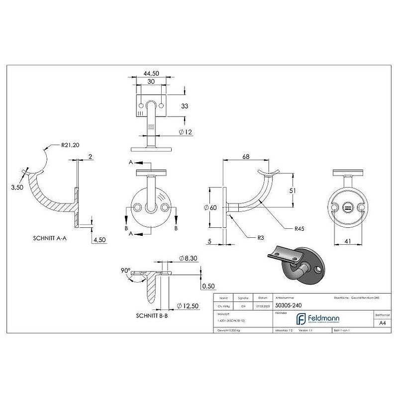 Handrail bracket with handrail connection plate 42.4mm, (round plate and bracket welded), AISI304