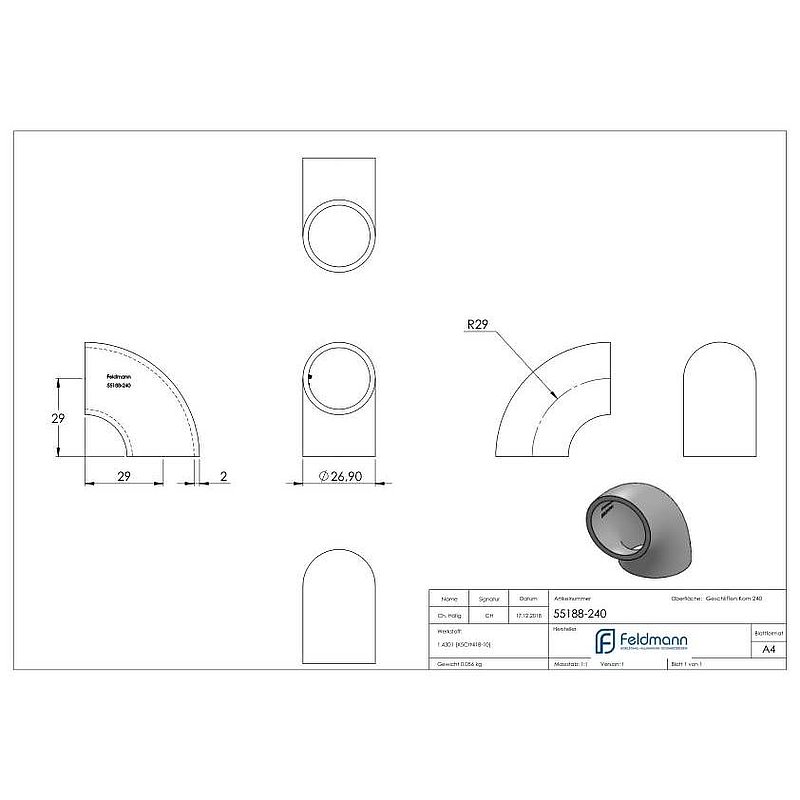 Schweißbogen 90°, 26,9x2,0mm, V2A