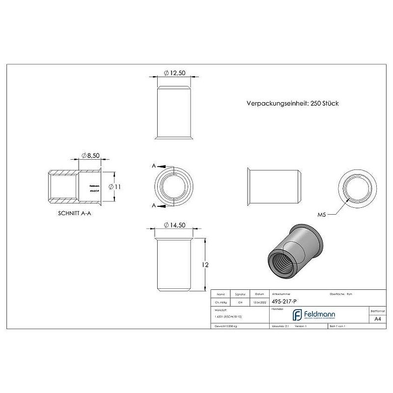 Blind-Einnietmutter, V2A M10/Loch 13mm, VPE mit 250 Stück, V2A