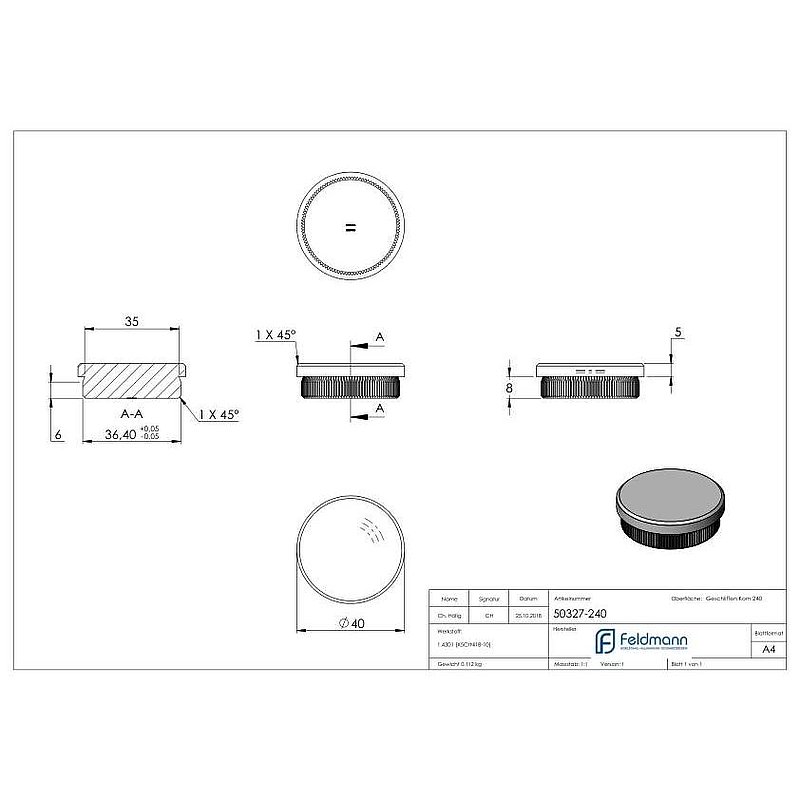 Tube end plug, for tube 40.0x2.0mm, AISI304