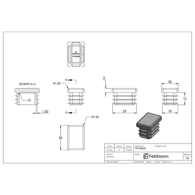 Kunststoffkappe für Rechteckrohr 30x20mm