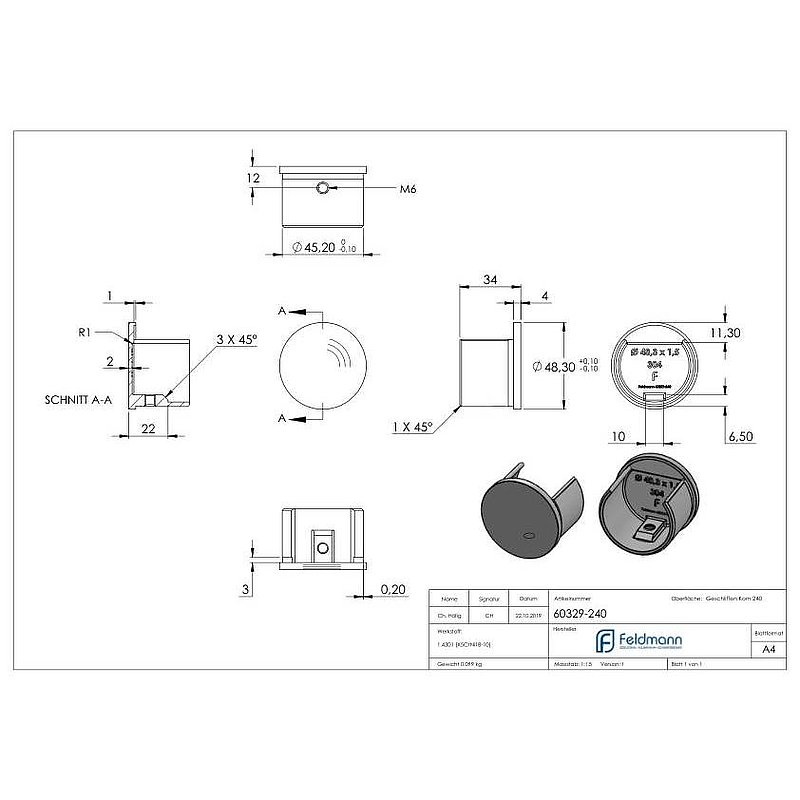 End cap, flat, for 48.3 mm slotted tube, AISI304