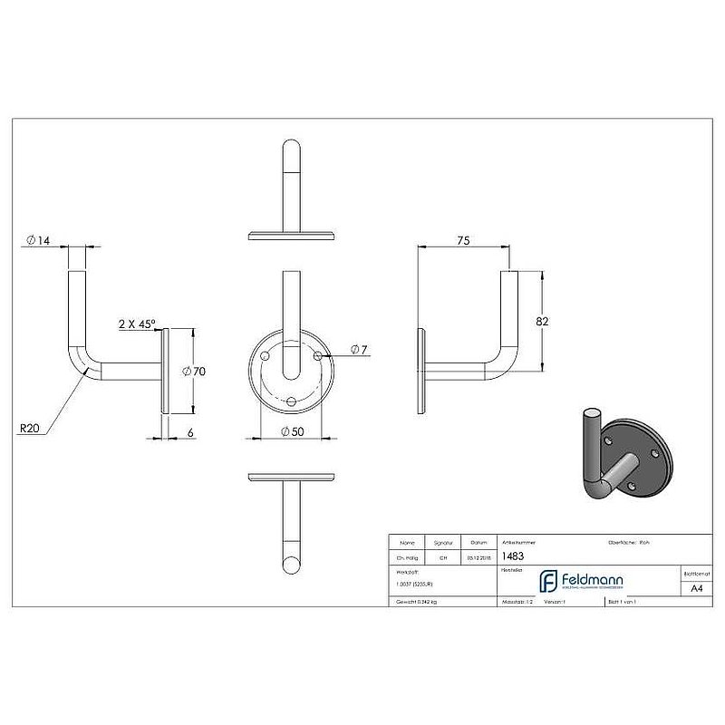 Handlaufträger mit Ronde, 70x6mm