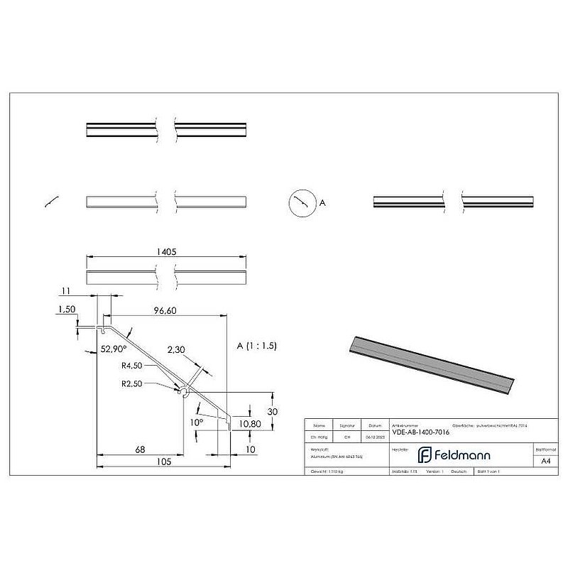 Design-Abdeckung für eleganza canopy, L: 1405mm, RAL7016