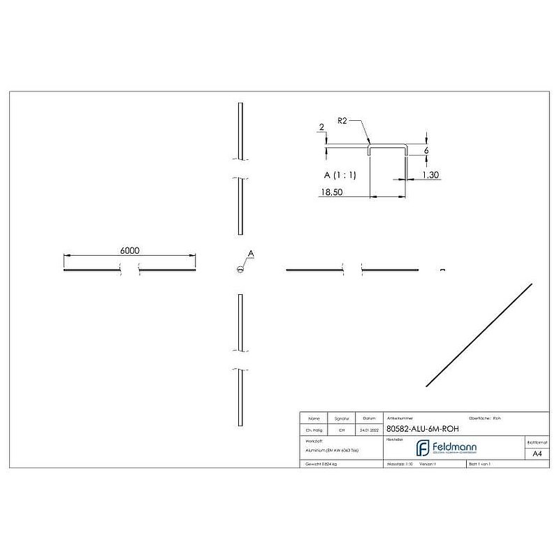 Main courante EXTRA SLIM, pour verre 16,00 - 17,52mm, L: 6000mm, aluminium brut