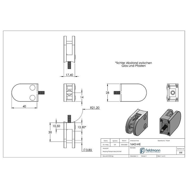 Glass clamp mod. 16, connection: 42.4mm, brass
