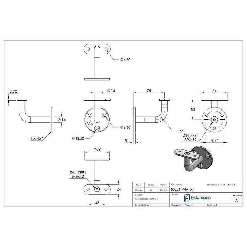 Handlaufhalter ohne Kabeldurchführung für LED Handläufe, Vollmaterial, V4A