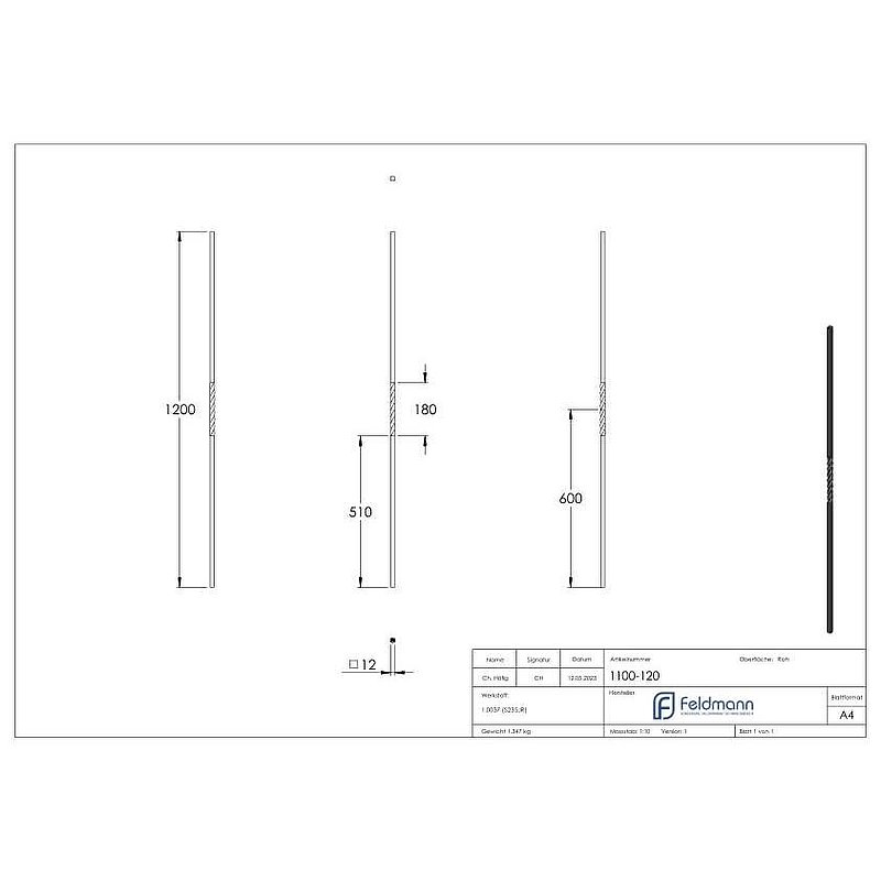 Zwischenstab 12x12mm, glatt, 1x gedreht, H: 1200mm
