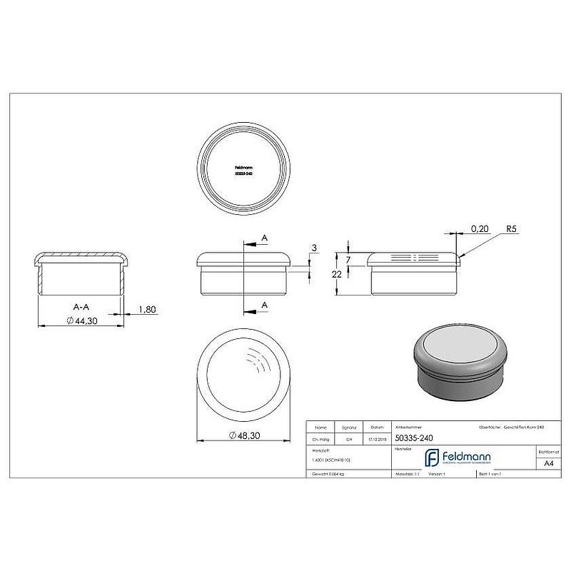 Rohrabschlussstopfen, für Rohr 48,3x2,0mm, V2A