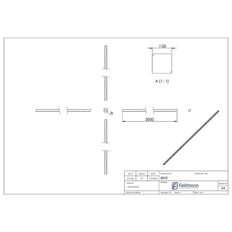 Vierkant S235JR, 25x25mm, L: 3000mm