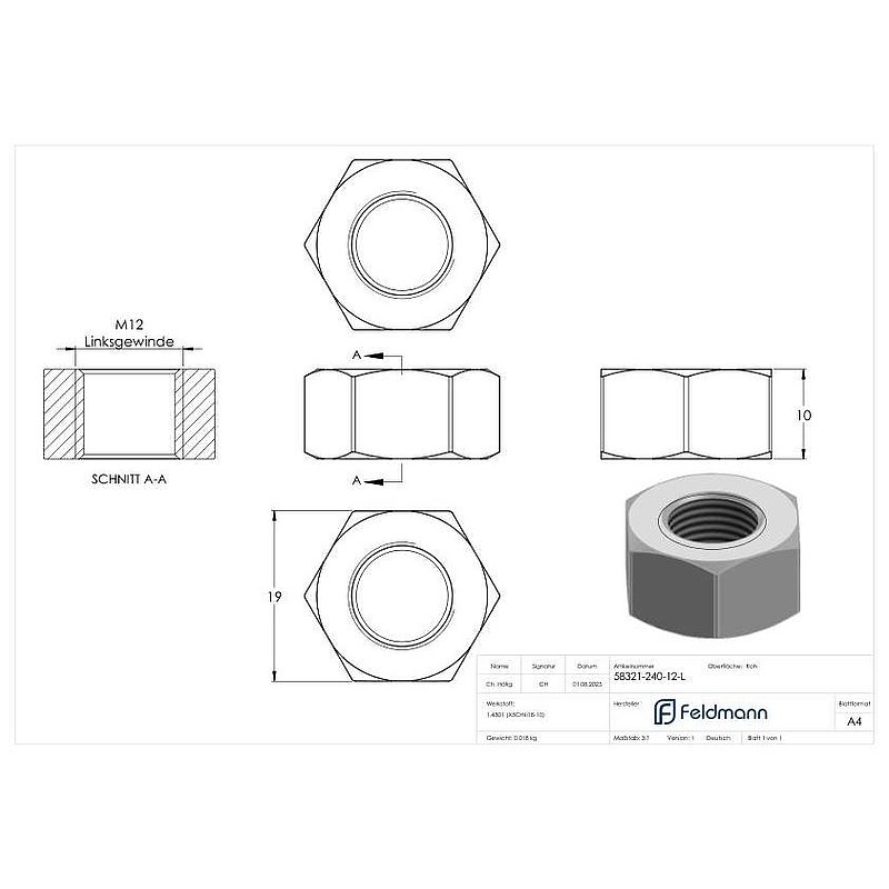 Hexagon nut M12, AISI304