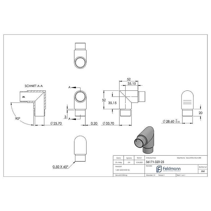 Eckstück 90°, für Rohr 33,7x2,5mm, V2A