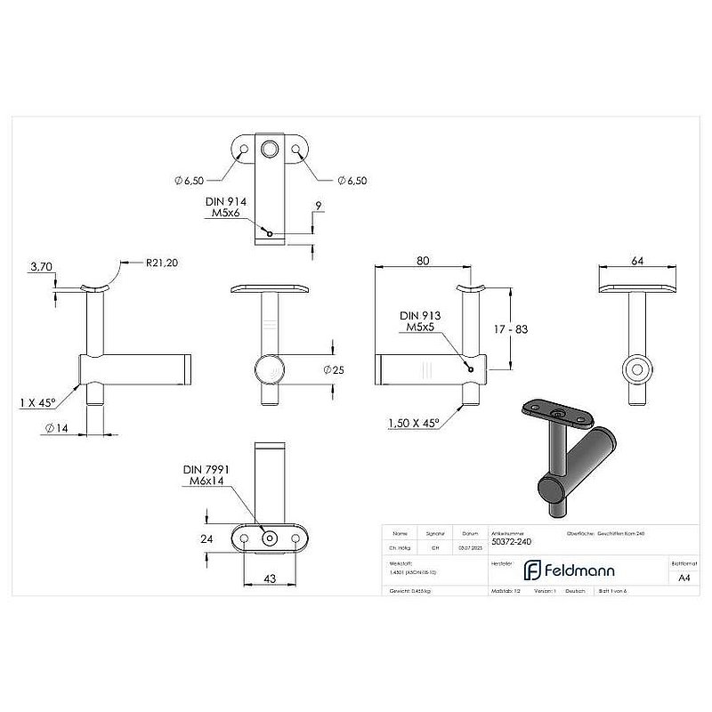 Handlaufhalter mit Handlaufanschlussplatte 42,4mm, V2A