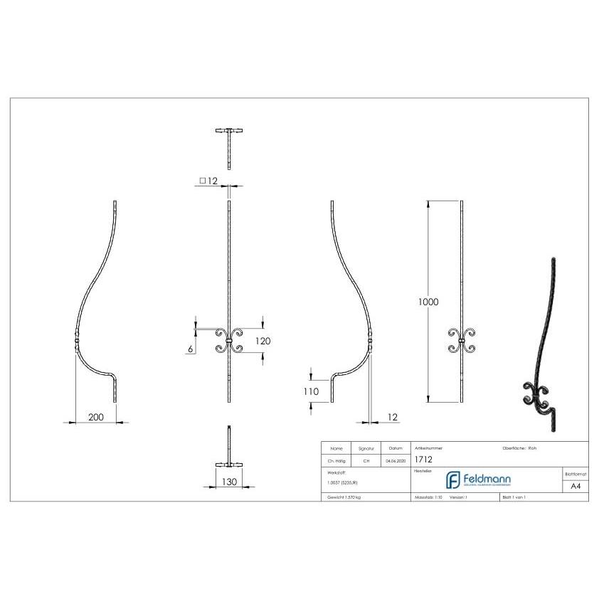 Barre galbée 12x12mm, martelée, H : 1000mm