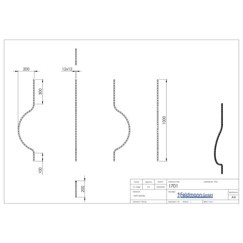 Barre galbée 12x12mm, martelée, H : 1000mm