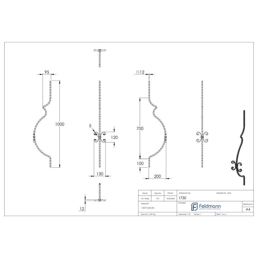 Barre galbée 12x12mm, martelée, H : 1000mm