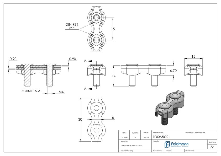 Duplexklemmen für Seil 2mm, V4A