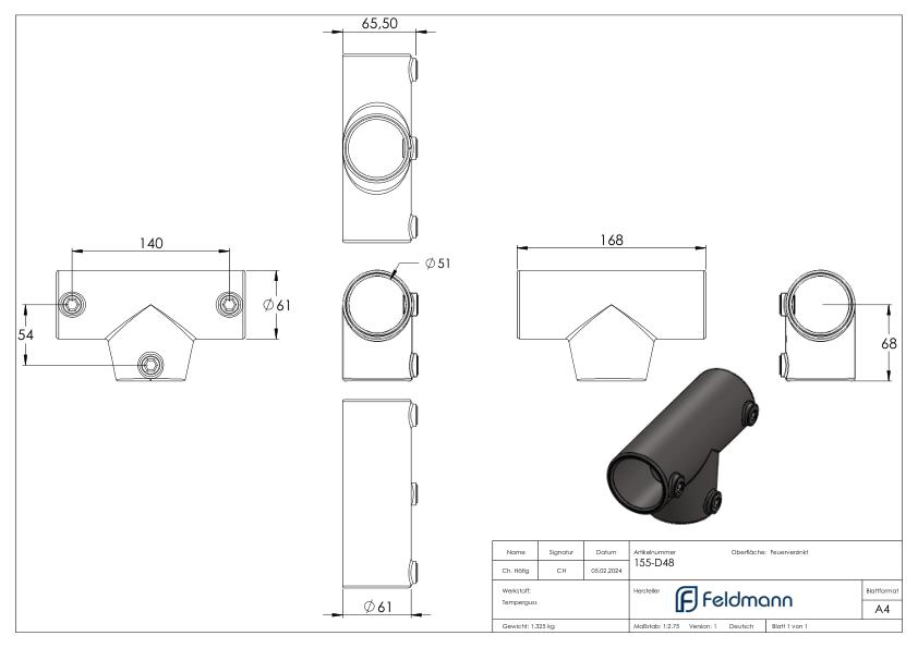 T-Stück lang, schräg, variabel, für Rohr Ø 48,3mm