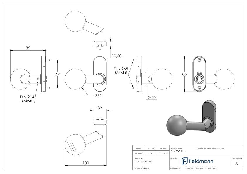 Drückerknopf, Ø 50mm, drehbar, V2A