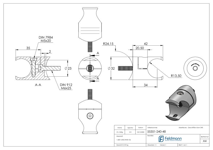 Halter für rundes Klemmprofil 27mm Anschluss: 48,3mm, V2A