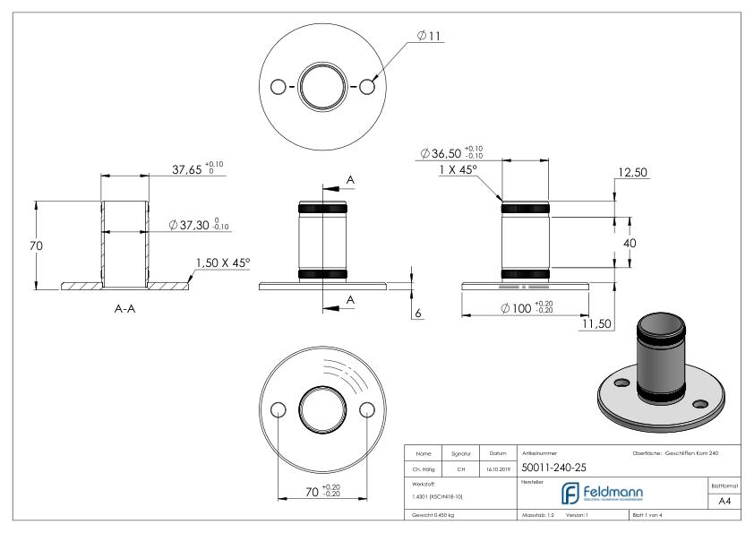 Wand- und Bodenanker mit Rändelung, für Rohr 42,4x2,5mm, V2A