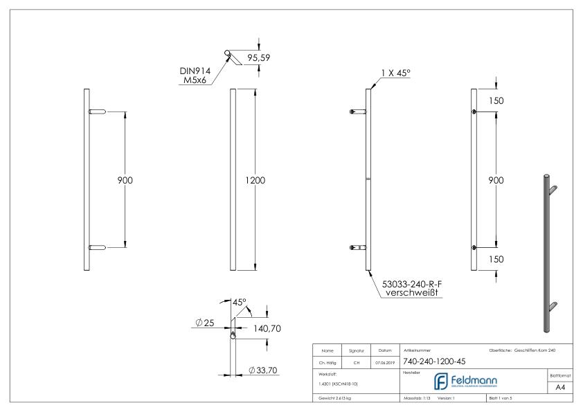 Stoßgriff inkl. Halter mit 45° Schräge 45° mit L: 1,2m, V2A