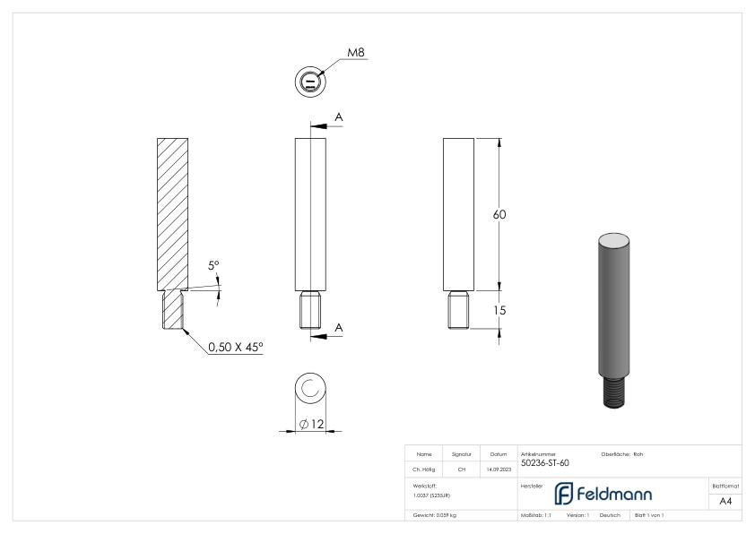 Stift 12mm, L: 60mm