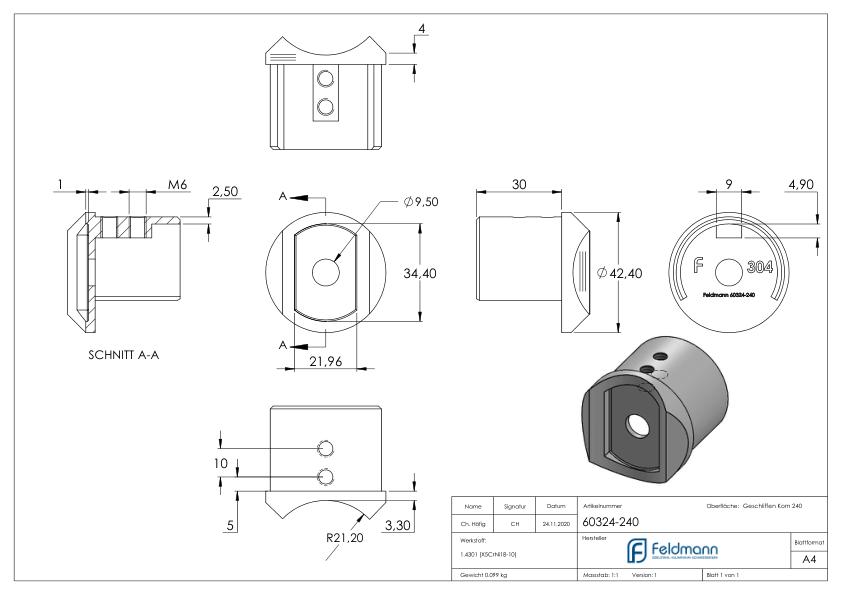 Adapter für Nutrohr-Anschluss 42,4mm, V2A